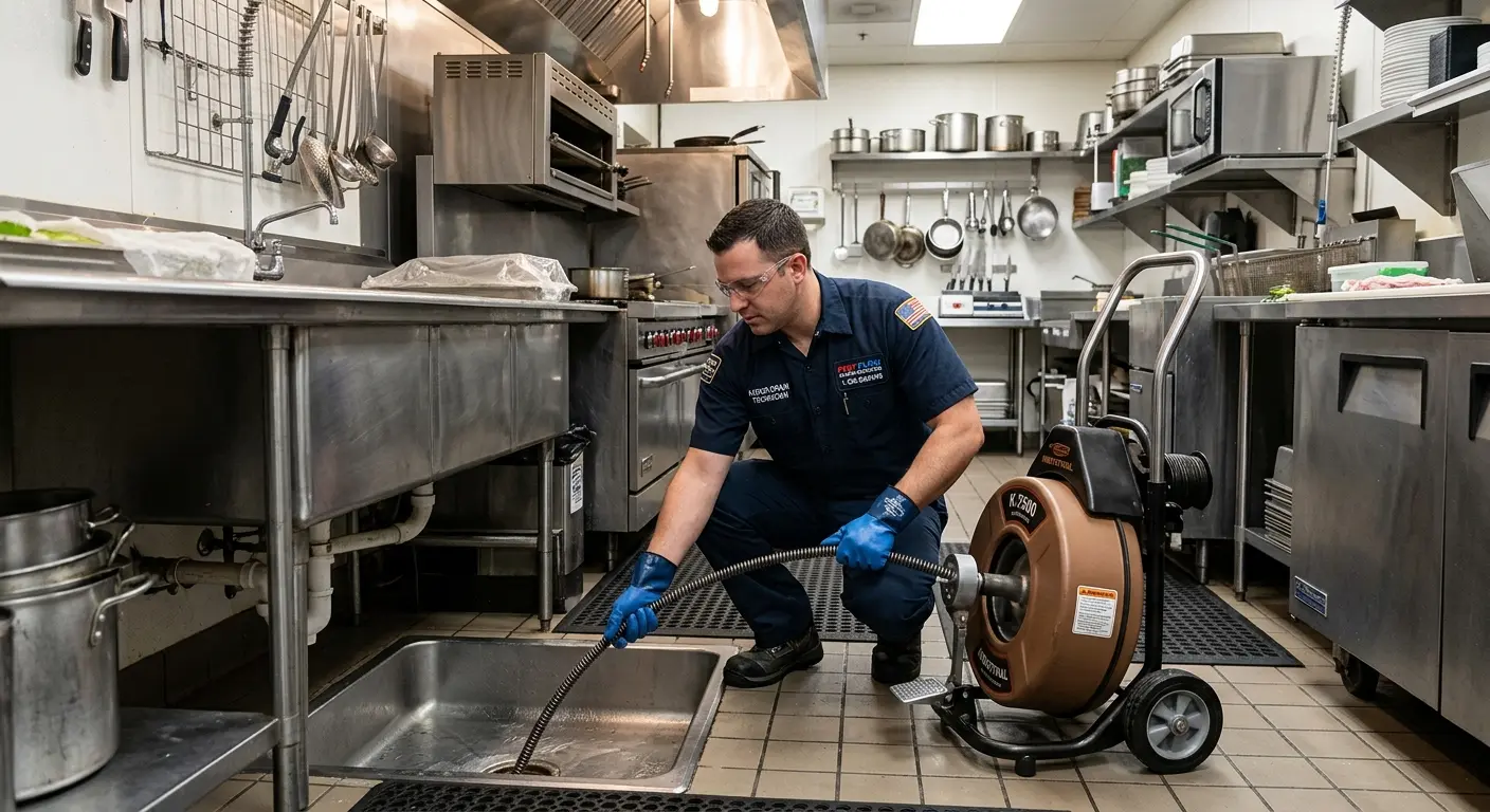 Commercial drain cleaning service in a restaurant kitchen in Banning
