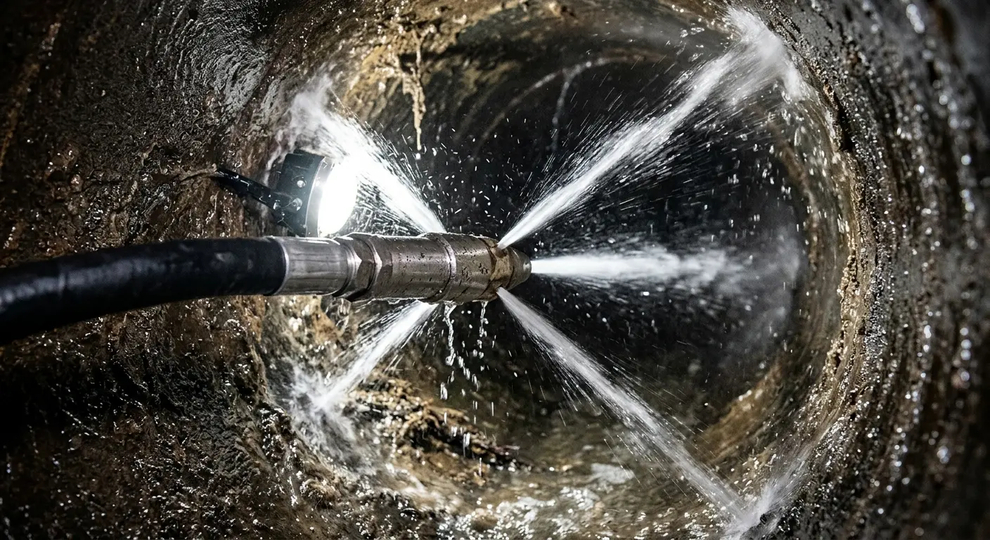 High-pressure hydro jetting nozzle cleaning sewer pipe for Storm Drain Cleaning in Banning