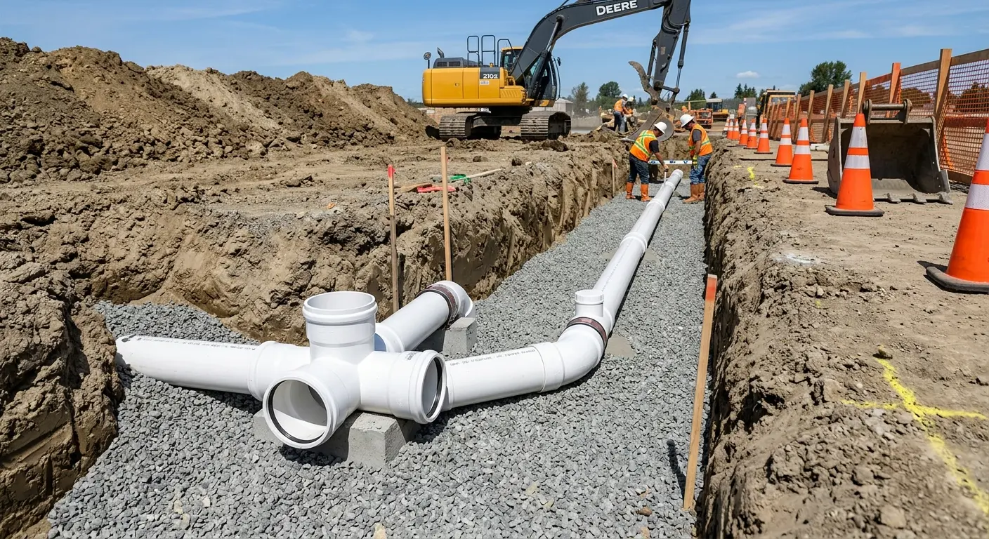 New PVC sewer pipe installation in open trench for Sewer Backup in Banning
