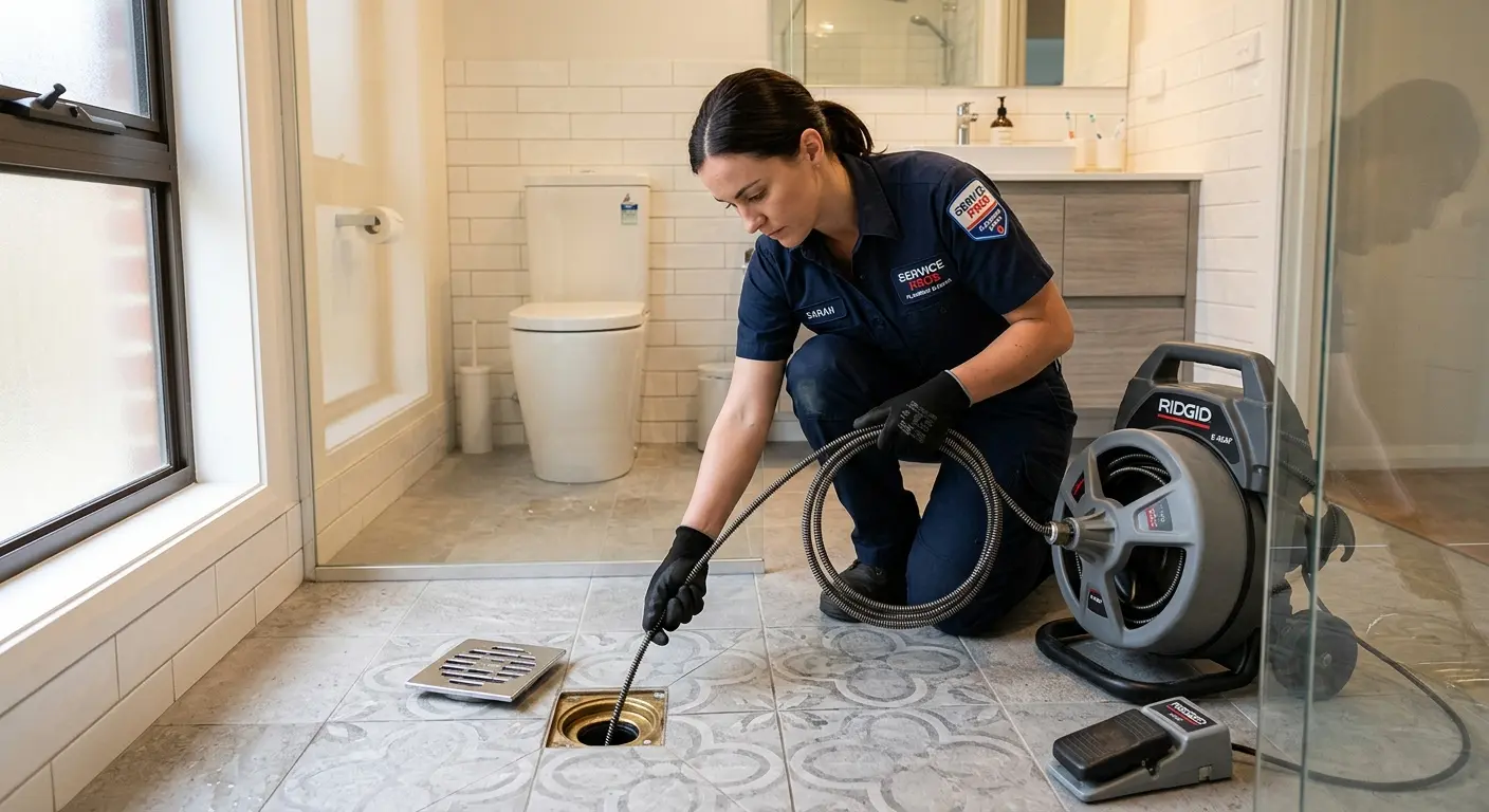 Technician clearing a bathroom floor drain for Drain Repair in Banning